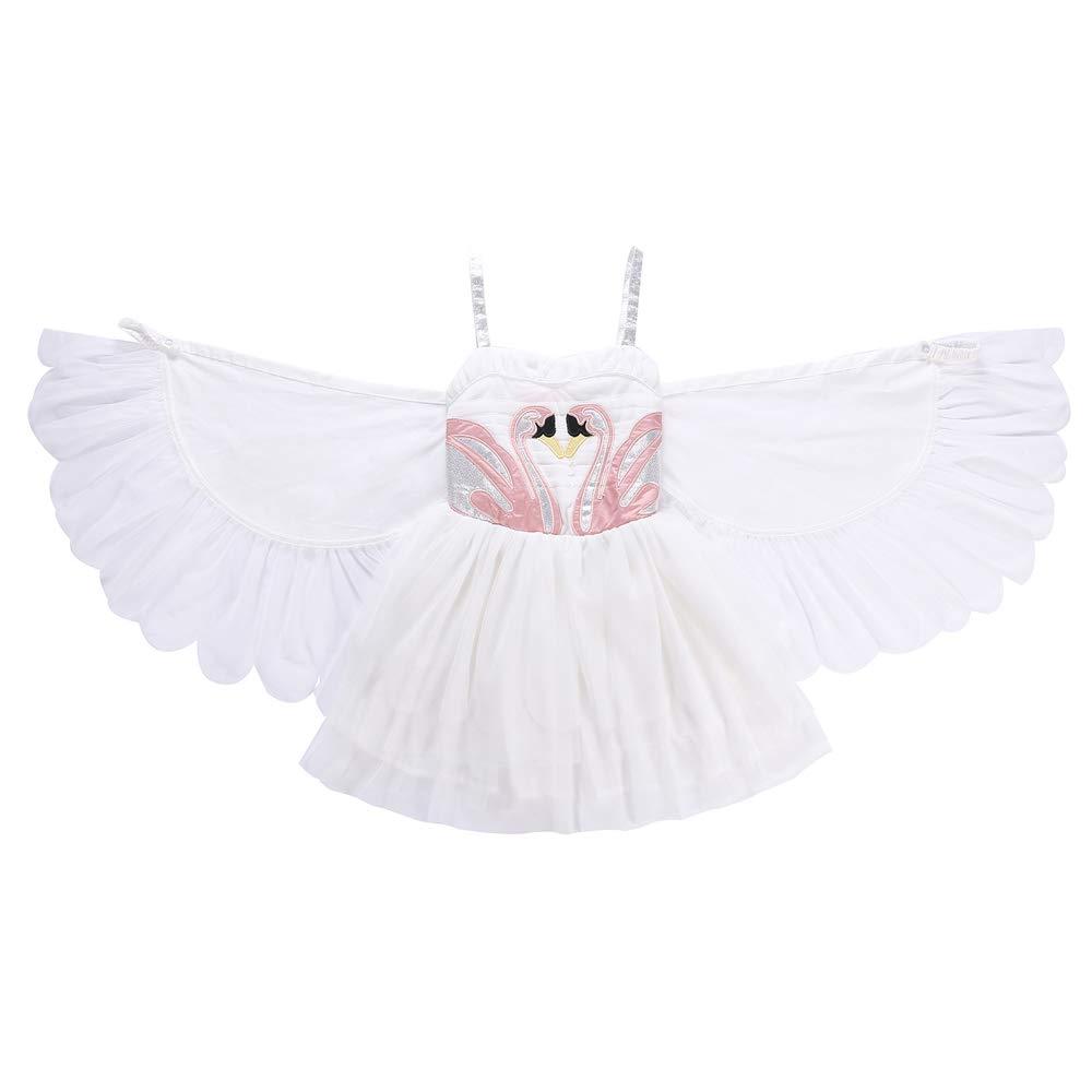 [Australia] - Angle Wing Dress Girl's swan Wing Party Performs Dress, Angel Flamingos Princess Dress, White Halter Dress with Angle's Wings 2-3T 