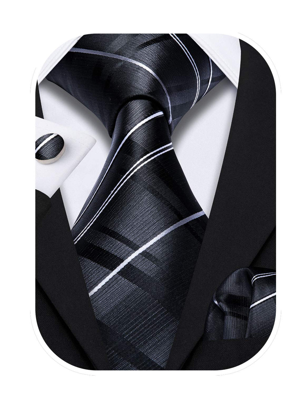[Australia] - Barry.Wang Stripe Men Ties Set Classic WOVEN Necktie with Handkerchief Cufflinks Formal Black 