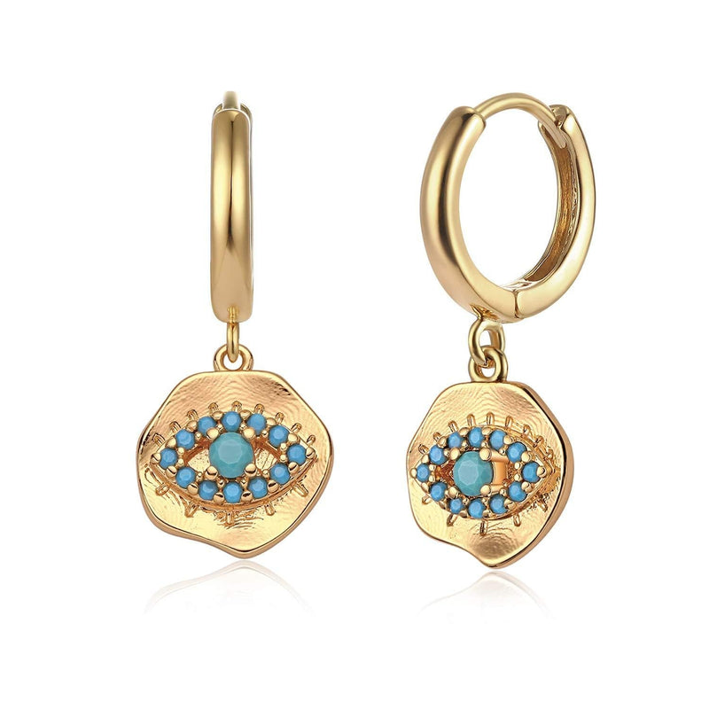 [Australia] - Fettero Evil Eye Earrings Gold Huggie Hoop Turquoise Inlay Irregular Coin Embossed Dangle Drop 14K Gold Plated Dainty Minimalist Simple Boho Hypoallergenic Jewelry for Women Men Mother's Day Gift 