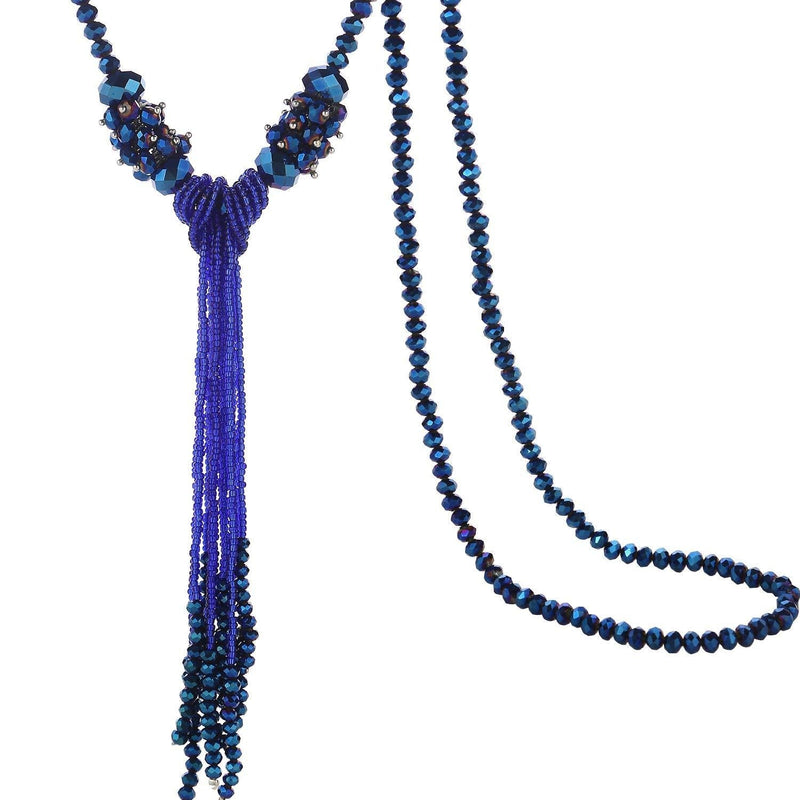 [Australia] - BaubleStar Multi-Color Crystal Beads Strand Knot Long Beaded Tassel Necklace for Women Girls Mixed Blue 
