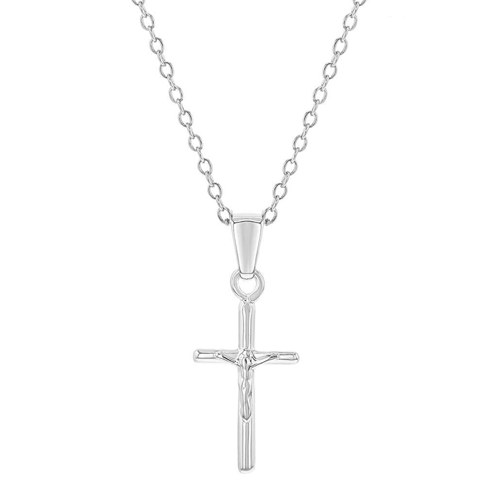 [Australia] - 925 Sterling Silver Small Cross Crucifix Jesus Christ Pendant Necklace Kids 16" 