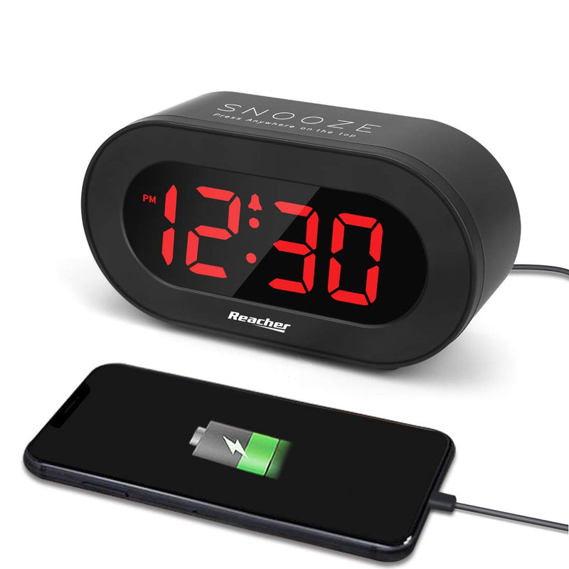 [Australia] - REACHER Small LED Digital Alarm Clock with Simple Operation, Full Range Brightness Dimmer, USB Phone Charger Port, Easy Snooze, Adjustable Alarm Volume, Outlet Powered for Bedrooms Bedside(Black) 