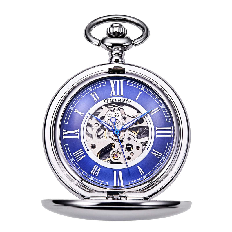 [Australia] - TREEWETO Pocket Watch - Smooth Double Case Series Skeleton Dial Delicate Mechanical Movement with Chain, Gold/Silver silver 