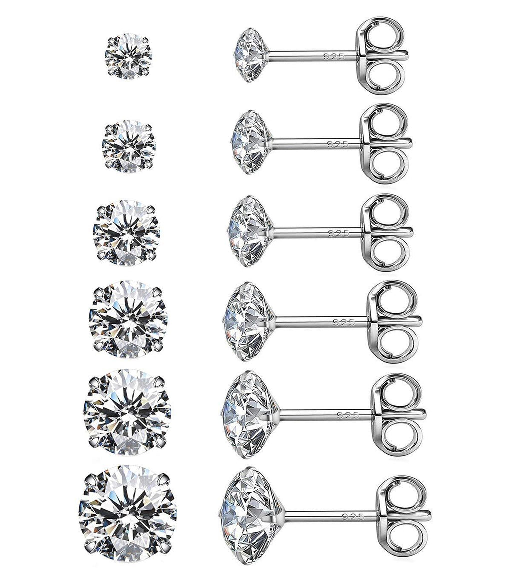 [Australia] - Sterling Silver Studs Earrings, 3-6 Pairs, Round Clear Cubic Zirconia Stud Earrings for Sensitive Ears priercing … 3/4/5/6/7/8mm Pack of 6 