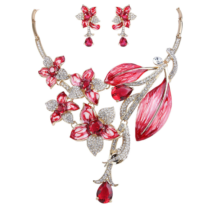 [Australia] - EVER FAITH Hibiscus Leaf Necklace Earrings Set Cubic Zirconia Crystal Gold-Tone Red 