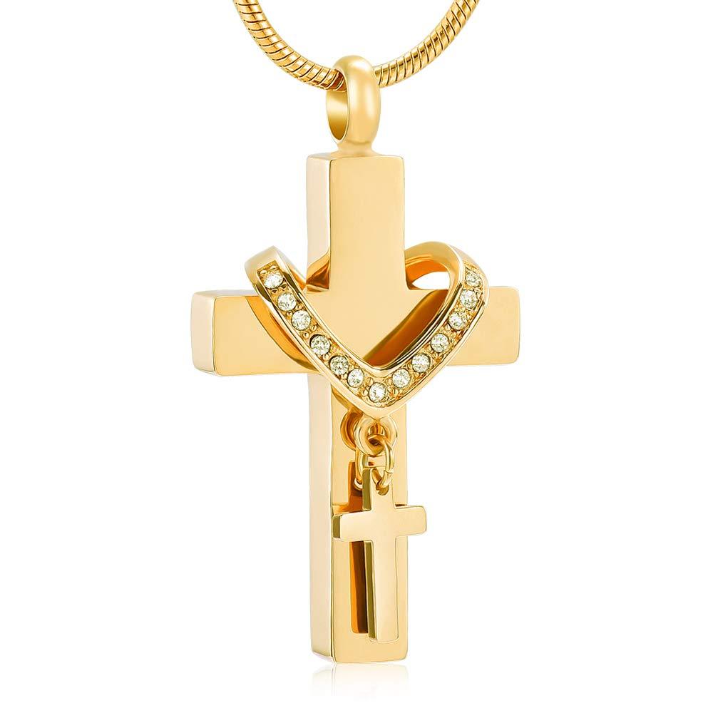 [Australia] - Stainless Steel Cross Memorial Cremation Ashes Urn Pendant Necklace Keepsake Jewelry Urn Gold 