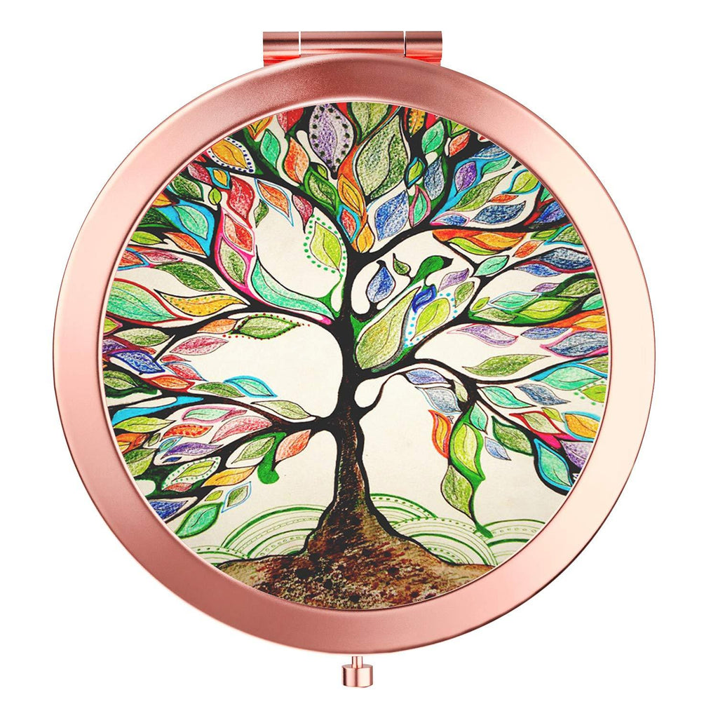 [Australia] - HeaLife Life Tree Makeup Mirror [New Version] Rose Gold Travel Purse Mirror Compact Double Sides 2x & 1x Magnification Hand Mirror Metal Round Bohemian Mirror for Women and Girls 