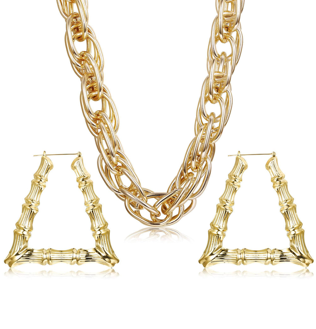 [Australia] - Hanpabum Gold Plated Chunky Rope Chain Necklace and Large Hollow Casting Triangle Bamboo Hoop Earrings Set for Men Women Costume Jewelry Punk Hip Hop Rapper Style A:Triangle 