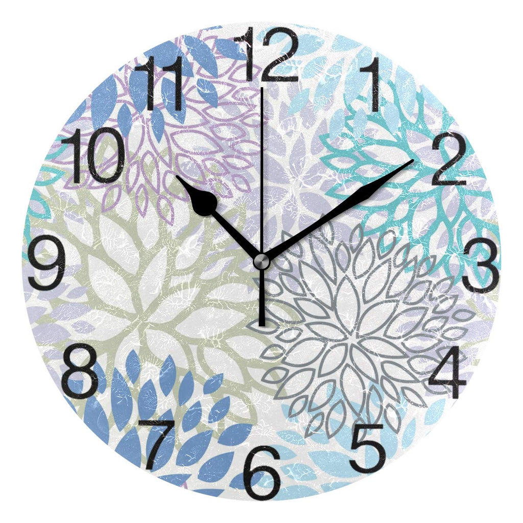 [Australia] - White Dahlia Round Wall Clock, Silent Non Ticking Oil Painting Decorative for Home Office School Clock Art, Blue Grey And Purple 