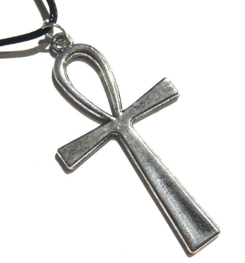 [Australia] - Silvertone Ankh Pendant on Black Cord Necklace Egyptian ansate Cross Amulet Death Cosplay 