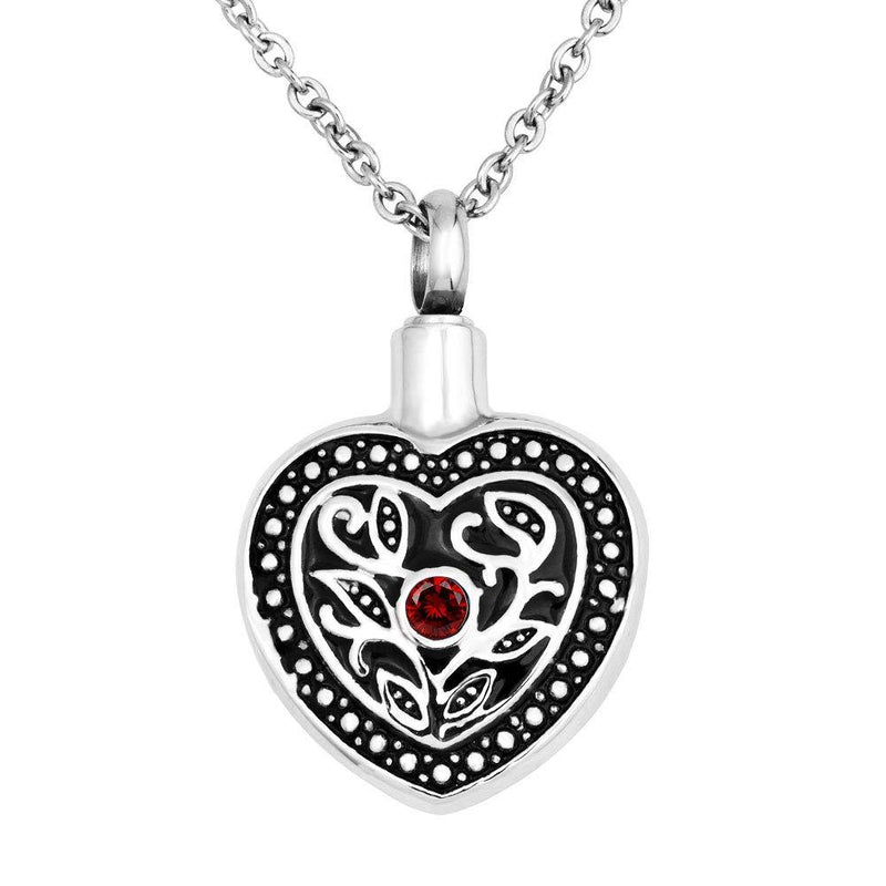 [Australia] - LuckyJewelry Heart Cremation Urn Necklaces for Ashes Flower Memorial Keepsake Pendant Jan Birthstone Red 