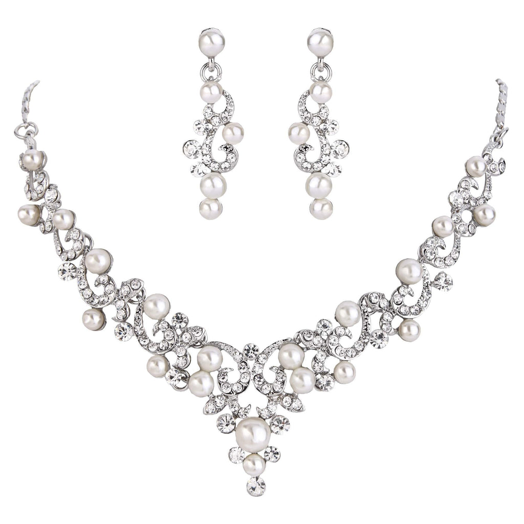 [Australia] - BriLove Women's Wedding Bridal Crystal Simulated Pearl Filigree Vine Y-Necklace Dangle Earrings Set Silver-Tone 