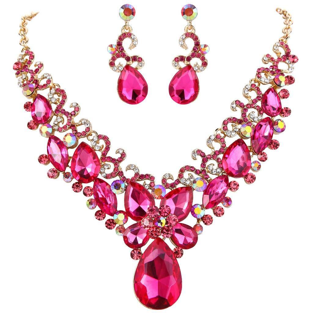 [Australia] - BriLove Women's Costume Fashion Crystal Teardrop Marquise Butterfly Filigree Enamel Statement Necklace Dangle Earrings Set 06-Fuchsia Gold-Tone 