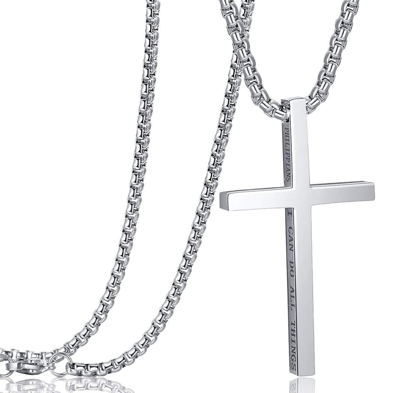 [Australia] - Rehoboth Stainless Steel Cross Pendant Necklaces for Girls Boys Men Women Philippians 4:13 Strength Bible Verse I Can Do All Things Chain 24 Inch A-Silver 