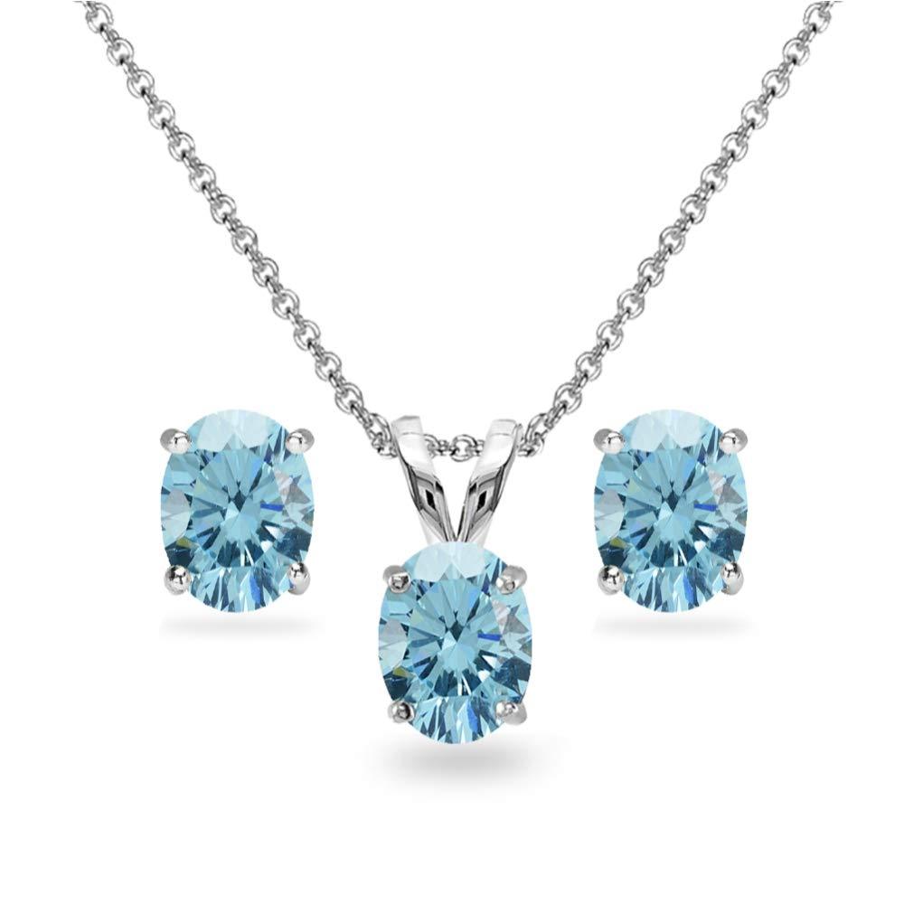 [Australia] - Sterling Silver 8x6mm Oval-Cut Solitaire Pendant Necklace & Stud Earrings Set Made w/Swarovski Crystals Light Blue 