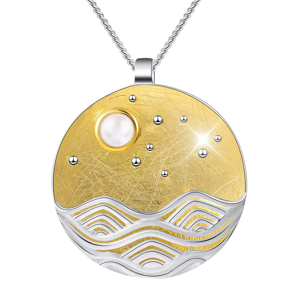 [Australia] - Lotus Fun S925 Sterling Silver Necklace Pendant Moonlight on The Sea Pendant with Link Chain Length 17inches, Handmade Jewelry Gift for Women and Girls Gold 