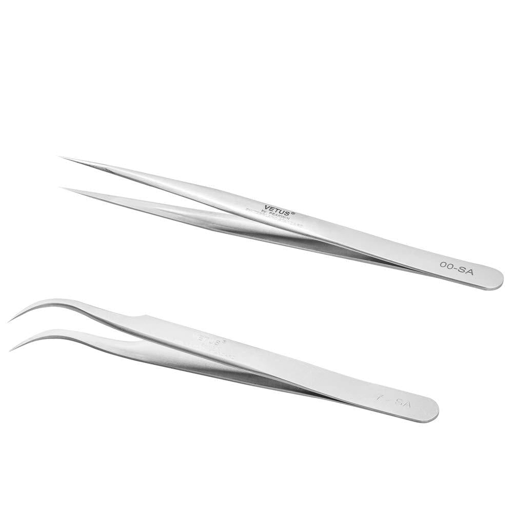 [Australia] - Eyelash Extension Tweezers 2 Pieces VETUS Straight Pointer and J Curved Tweezers for Eyelash Extensions Precision Lashing Tweezers Professional Tools for Isolation Classic Volume Lash Extensions 2 Count 