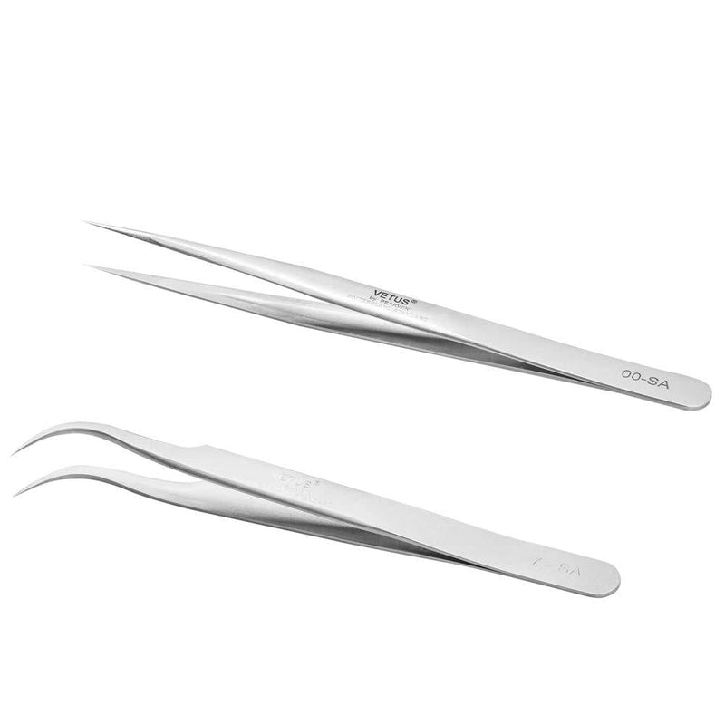 [Australia] - Eyelash Extension Tweezers 2 Pieces VETUS Straight Pointer and J Curved Tweezers for Eyelash Extensions Precision Lashing Tweezers Professional Tools for Isolation Classic Volume Lash Extensions 2 Count 