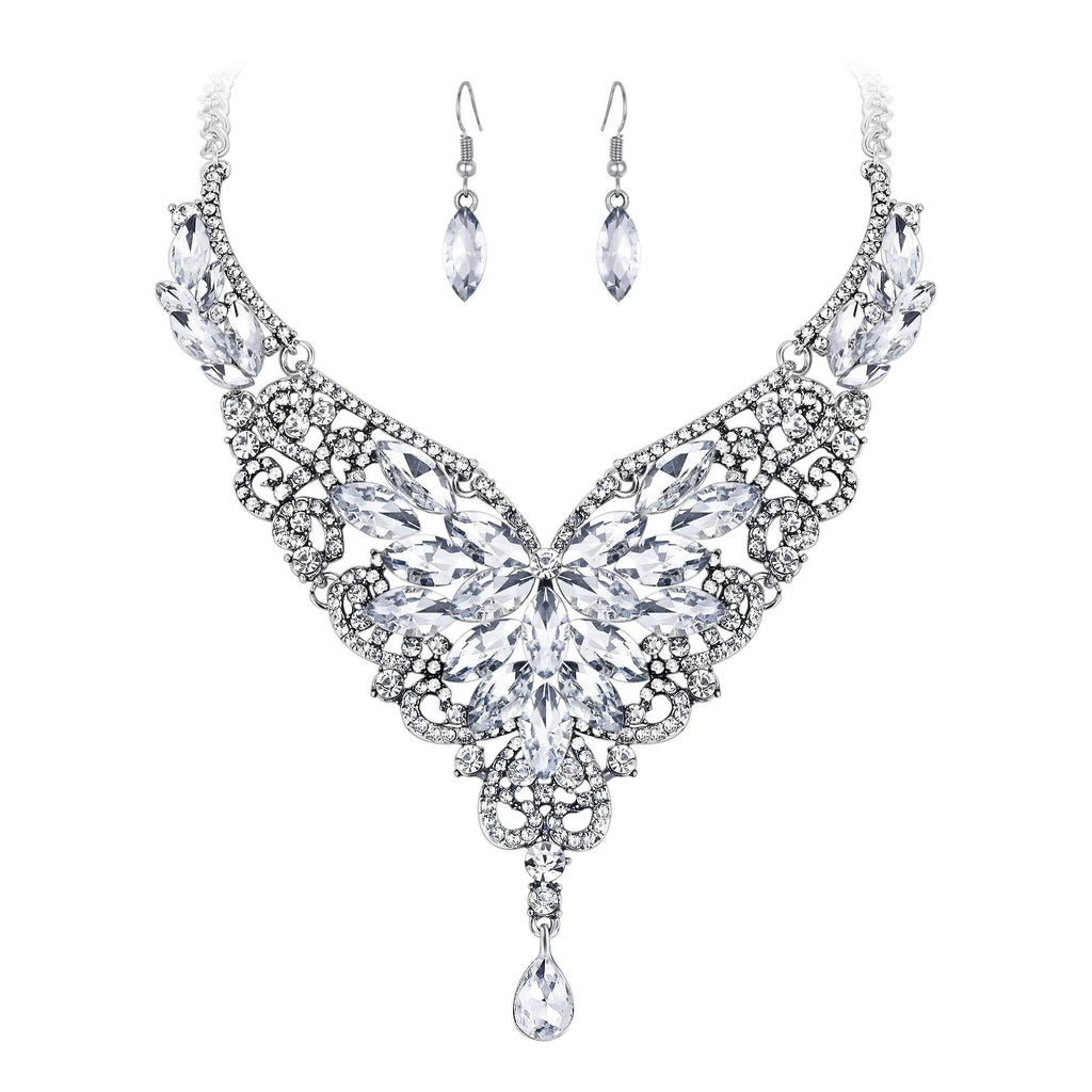 [Australia] - Flyonce Women's Austrian Crystal Boho Flower Teardrop Y-Shape Necklace Hook Earrings Set Clear Silver-Tone 