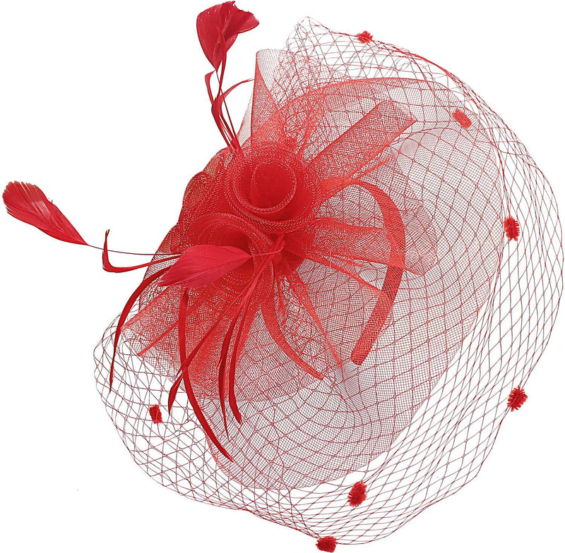 [Australia] - Fascinators for Women Wedding Veil Hats Tea Party Fascinator Headband Kentucky Derby Headwear Cocktail Feathers 002-a-red 