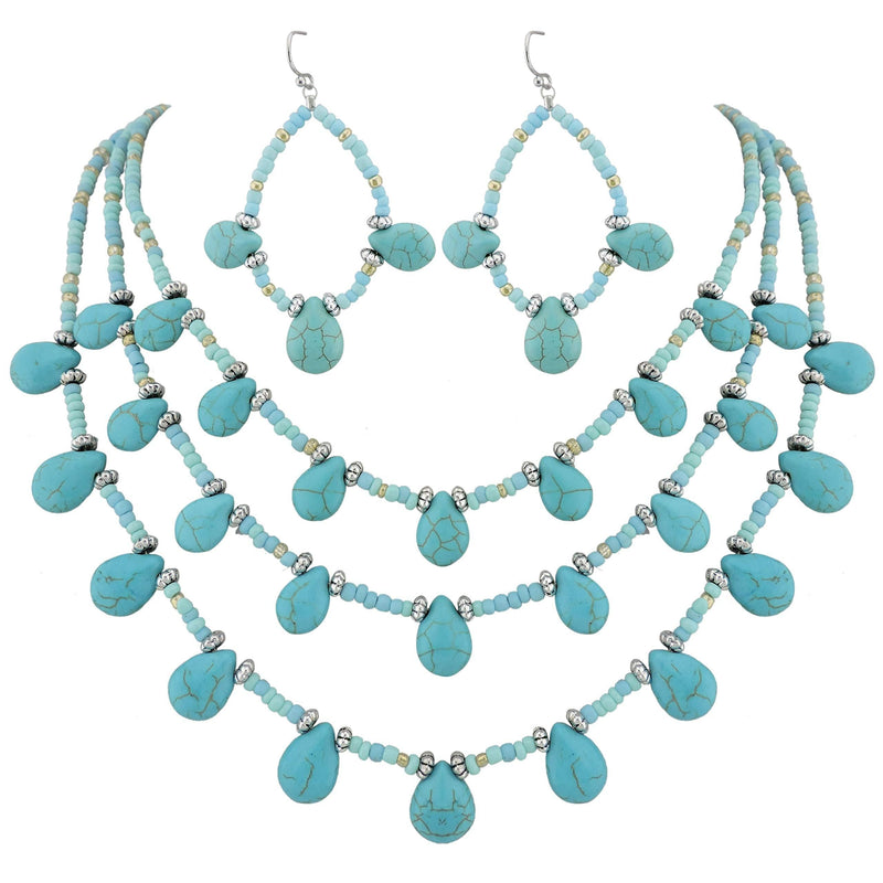 [Australia] - COIRIS Statement Simulated Turquoise Beads 3 Strand Necklace Set for Women with Earrings (N0043) N0043 