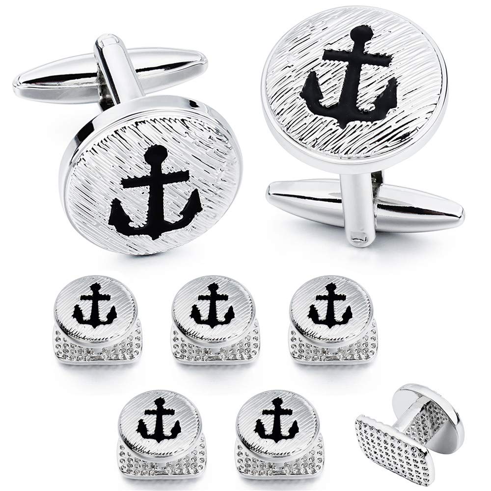 [Australia] - HAWSON Cufflinks and Studs for Men-Flower Pattern Men Fashion Tuxedo Shirt Silver Cufflinks and Studs Set for Regular Weeding Business Accessories 40144 