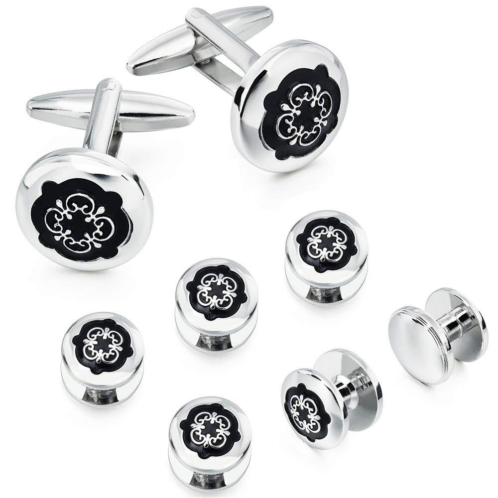 [Australia] - HAWSON Cufflinks and Studs for Men-Flower Pattern Men Fashion Tuxedo Shirt Silver Cufflinks and Studs Set for Regular Weeding Business Accessories 40141 