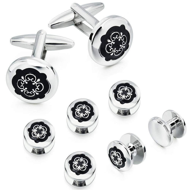 [Australia] - HAWSON Cufflinks and Studs for Men-Flower Pattern Men Fashion Tuxedo Shirt Silver Cufflinks and Studs Set for Regular Weeding Business Accessories 40141 