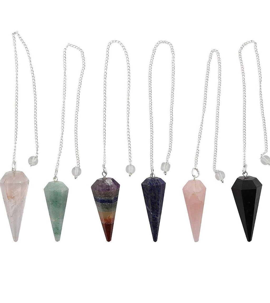 [Australia] - DHYANARSH Natural Gemstone Pendulum Set (Pack of 6) Sphatik/Crystal,Nephite green Jade, 7-Chakra, Blue Aventurine,Rose Stone.Black Tourmaline 