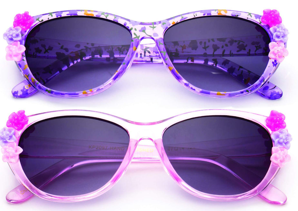 [Australia] - Newbee Fashion- Kids Girls Toddlers Fashion Sunglasses Cateye Cute Sunglasses with Flowers UV Protection w/Pouch (0-6 YRS) 2 Pack - Purple & Pink 