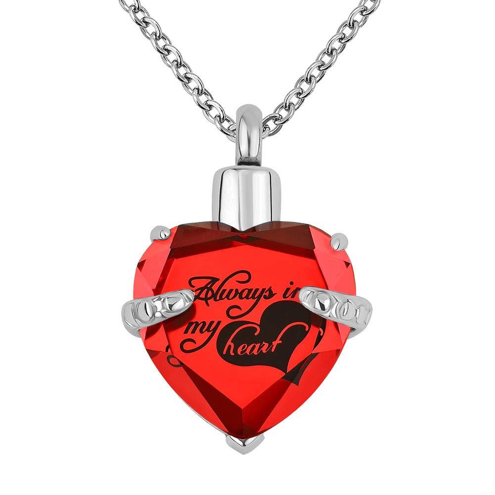 [Australia] - Q&Locket Heart Crystal Urn Necklaces for Ashes Stainless Steel Memorial Keepsake Cremation Jewelry Always in My Heart Red 