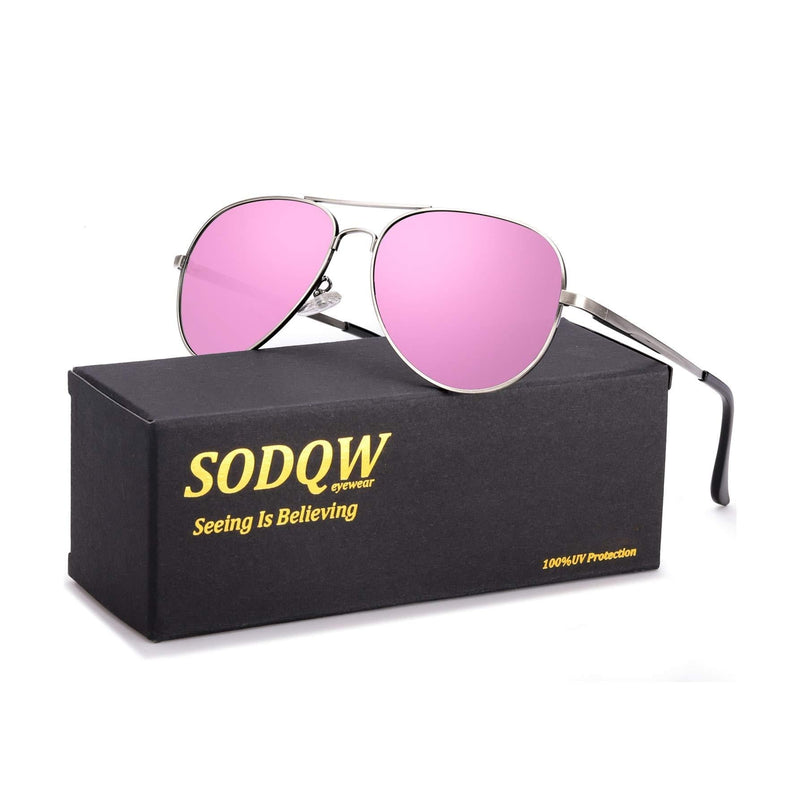 [Australia] - SODQW Aviator Sunglasses for Women Polarized Mirrored, Large Metal Frame, UV 400 Protection C1 Matte Silver Frame/Cyclamen Pink Mirror Lens 