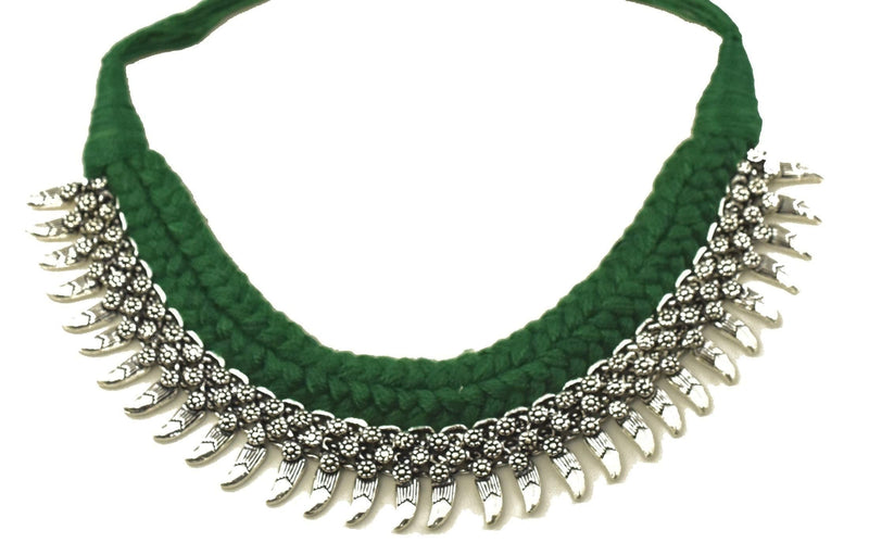 [Australia] - Tripti Indian Hand Braided Thread Oxidized Rajasthani Vintage Tribal Ethnic Bollywood Silver Adjustable Choker Necklace for Women and Girls Green 