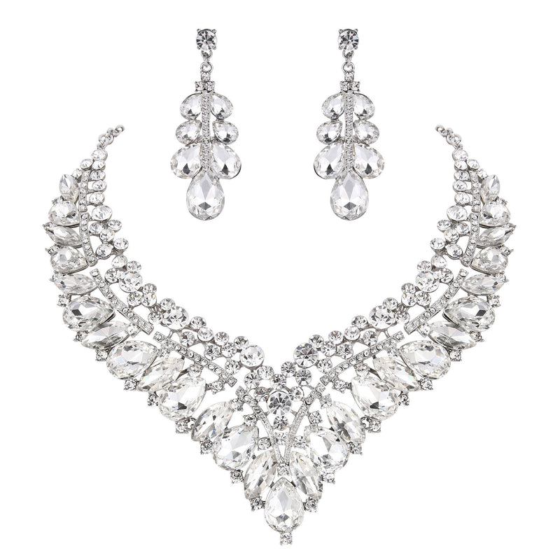 [Australia] - BriLove Women's Wedding Bridal Crystal Hollow Cluster Teardrop Enamel Statement Necklace Dangle Earrings Set Clear Silver-Tone 