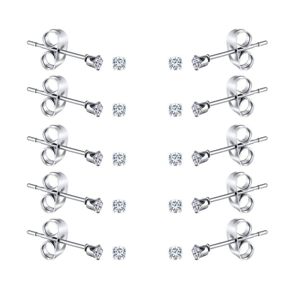 [Australia] - FOSIR 2-4MM Tiny Women's Stainless Steel Round Clear Cubic Zirconia Stud Earrings(6-10 Pairs) 2mm-10 pairs 