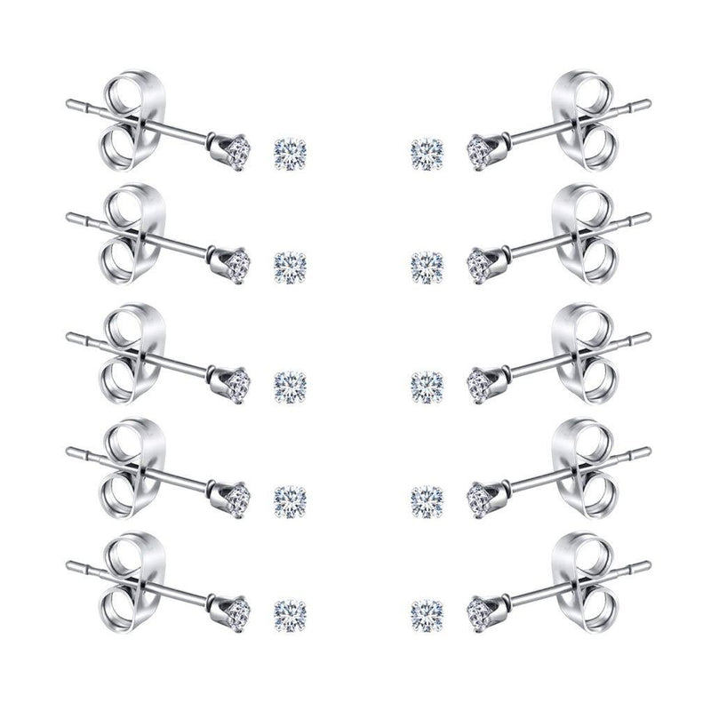 [Australia] - FOSIR 2-4MM Tiny Women's Stainless Steel Round Clear Cubic Zirconia Stud Earrings(6-10 Pairs) 2mm-10 pairs 