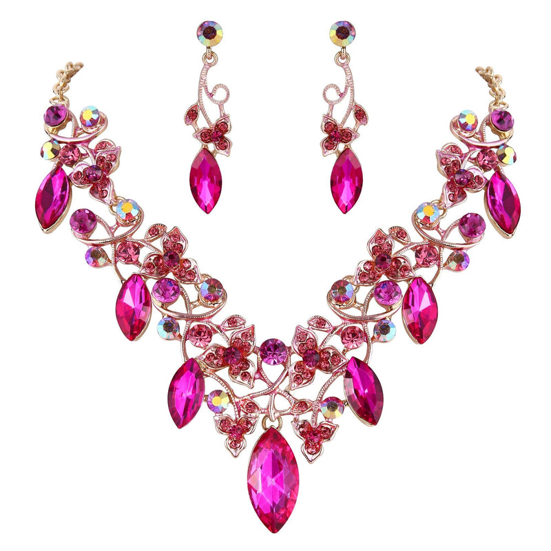 [Australia] - BriLove Women's Costume Fashion Crystal Floral Vine Leaf Statement Necklace Dangle Earrings Set Fuchsia Gold-Tone 