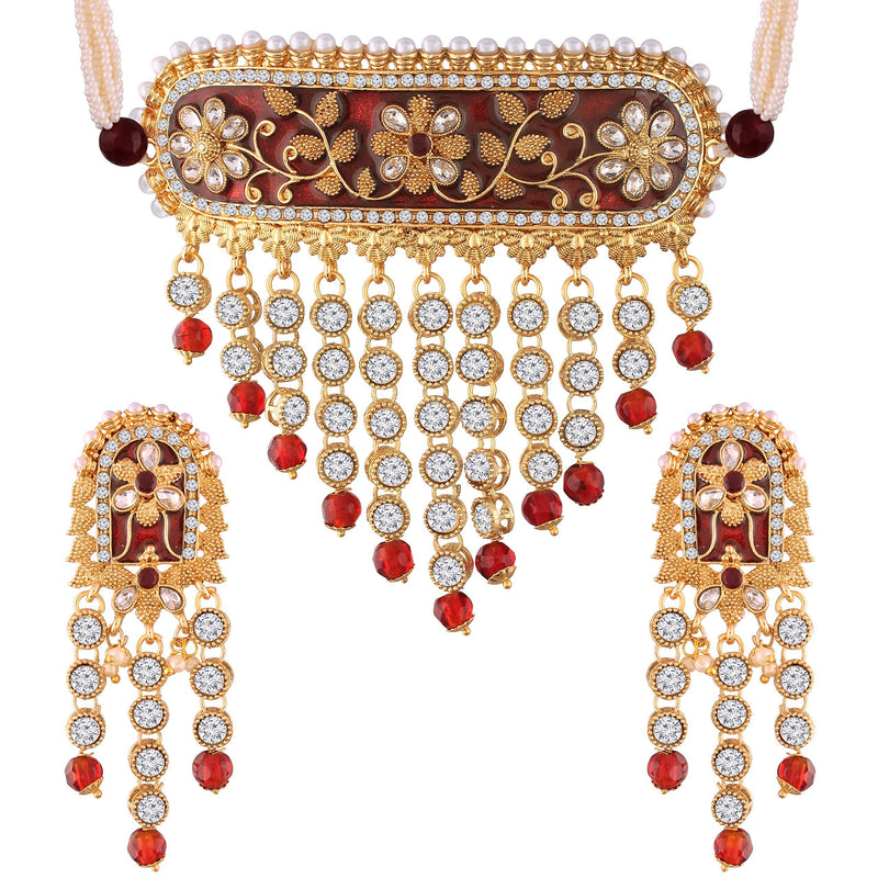 [Australia] - I Jewels Gold Plated Traditional Padmavati Pearl & Kundan Choker Necklace with Earrings for Women (ML123M) 