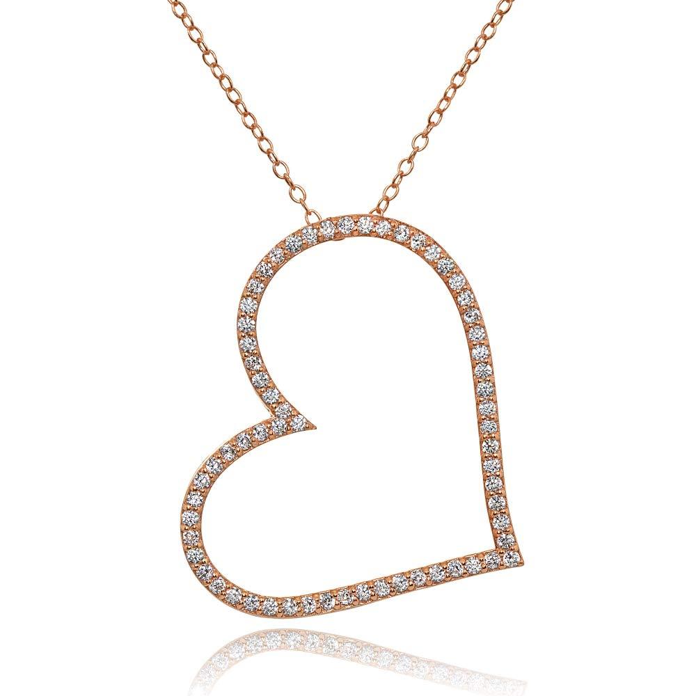 [Australia] - Sterling Silver Cubic Zirconia Large Sideways Heart Slide Pendant Necklace rose-gold-flashed-silver 