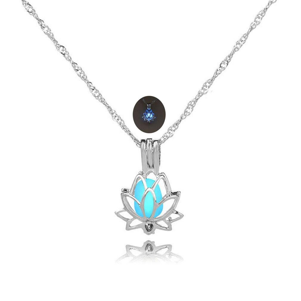 [Australia] - Luminous Lotus Pendant Necklace, Hollow Flower Lockets Necklace Blue 