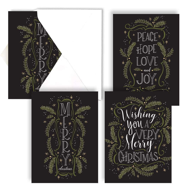 [Australia] - Christmas Pines Typography Christmas Holiday Card Assortment Pack - Set of 24 cards, 3 designs. 5'' x 7'' folded, verses inside. Made in the USA. Blank white envelopes. 
