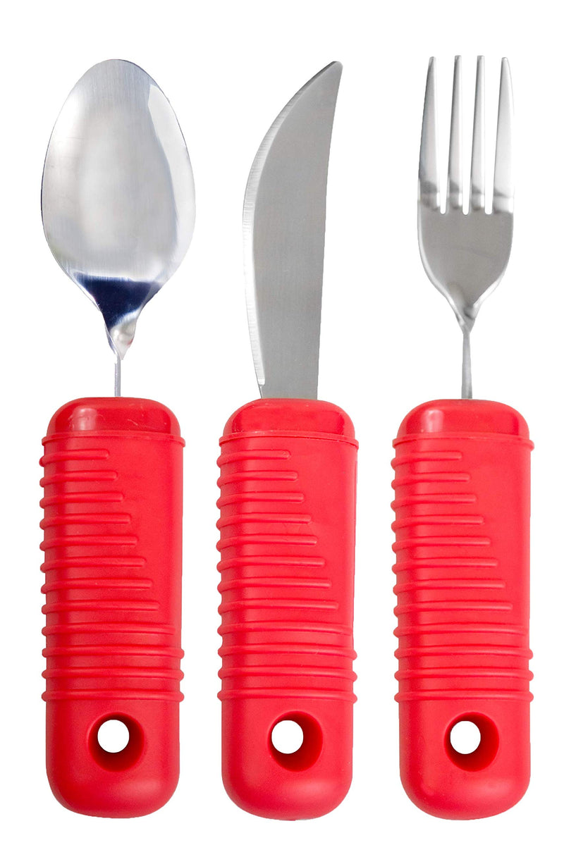 [Australia] - 3 Piece Super Easy Grip Red Flatware Set - Bendable Built Up Large Fork, Knife, and Spoon 