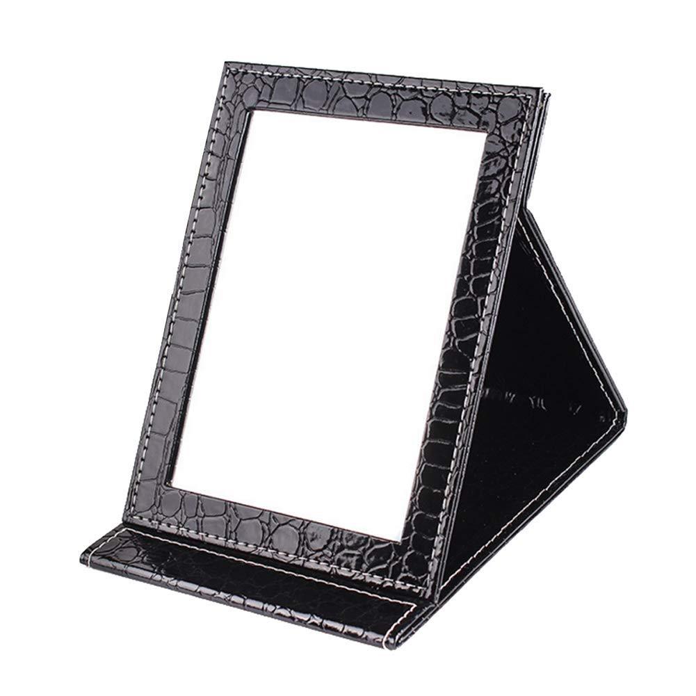 [Australia] - Black Portable PU Leather Vanity Mirror Folding Makeup Mirror with Desktop Standing for Travel, Personal Use, Outdoor and More (4.76.90.6 Inch) 