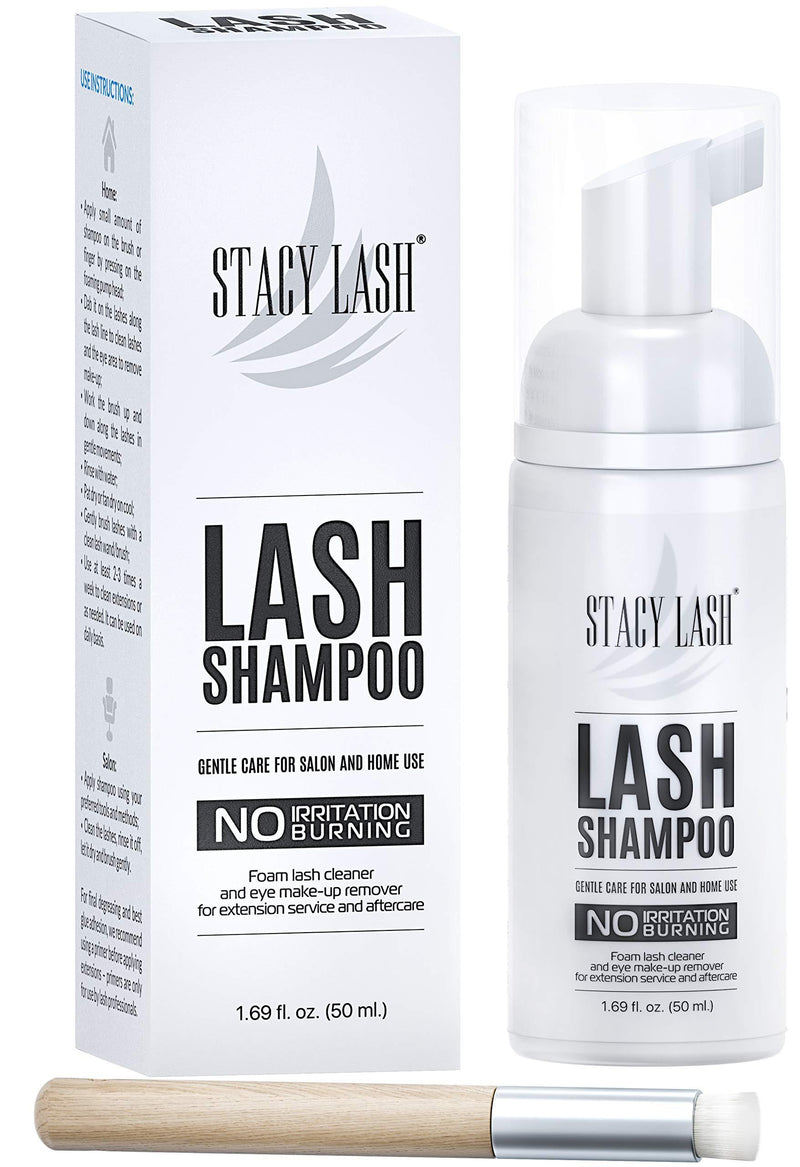 [Australia] - Eyelash Extension Shampoo Stacy Lash + Brush / 1.69 fl.oz / 50ml / Eyelid Foaming Cleanser / Wash for Extensions and Natural Lashes / Paraben & Sulfate Free Safe Makeup & Mascara Remover / Professional & Self Use 2 Piece Set 
