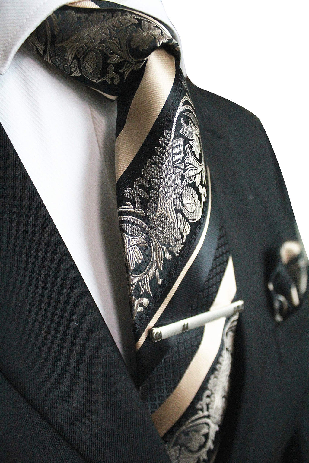 [Australia] - JEMYGINS Mens Floral Necktie and Pocket Square Tie Clip Sets for Men Gold 