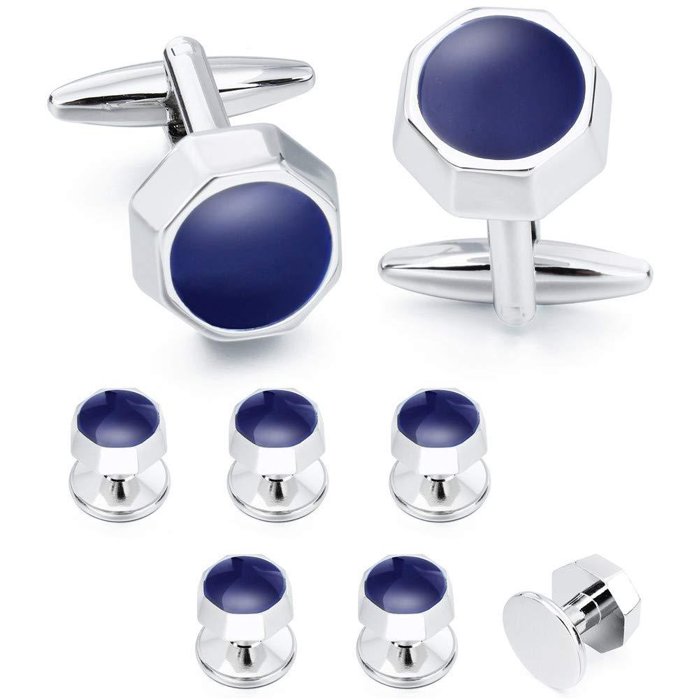 [Australia] - HAWSON Cufflinks and Studs for Men-Flower Pattern Men Fashion Tuxedo Shirt Silver Cufflinks and Studs Set for Regular Weeding Business Accessories 401491 