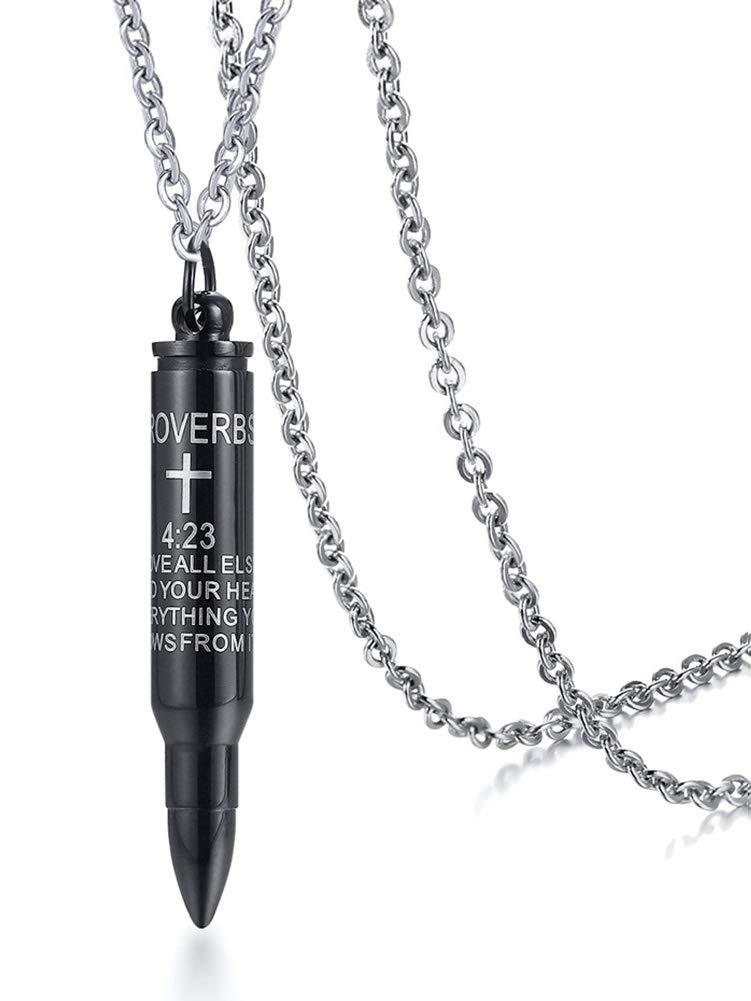 [Australia] - HUANIAN Stainless Steel Scripture Bullet Shape Canister Capsule Memorial Keepsake Pendant Cremation Ash Urn Necklace Black 