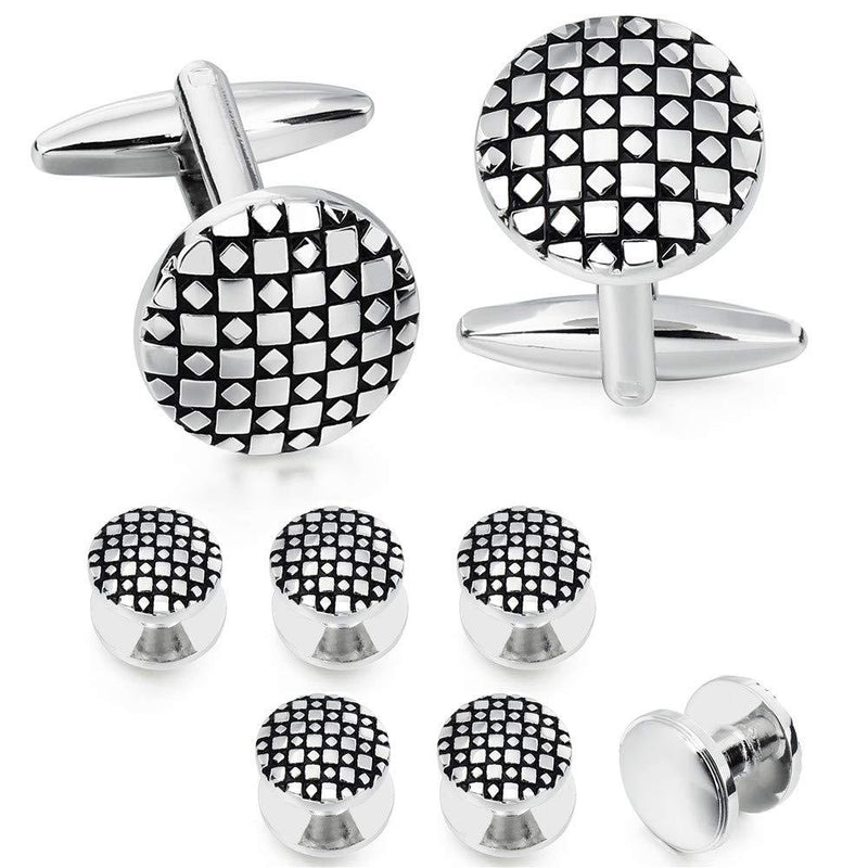 [Australia] - HAWSON Cufflinks and Studs for Men-Flower Pattern Men Fashion Tuxedo Shirt Silver Cufflinks and Studs Set for Regular Weeding Business Accessories 40166 