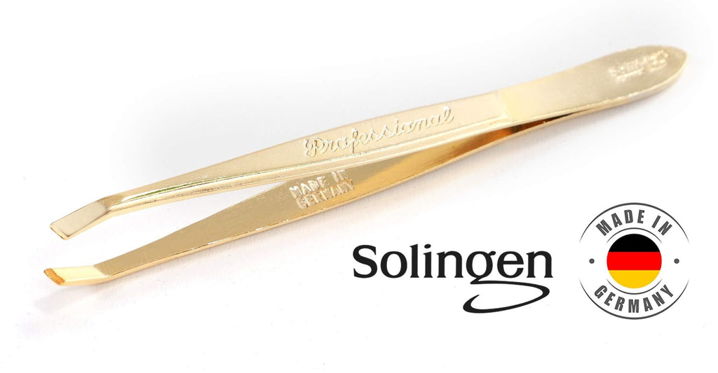 [Australia] - Solingen Tweezers for Eyebrows | Slanted Tip | Professional Stainless Steel |Slanted Tip Tweezers | Best Shaped for Eyebrows Extensions Chin Cheek Face Facial Hair | Made in Germany (Gold) Gold 