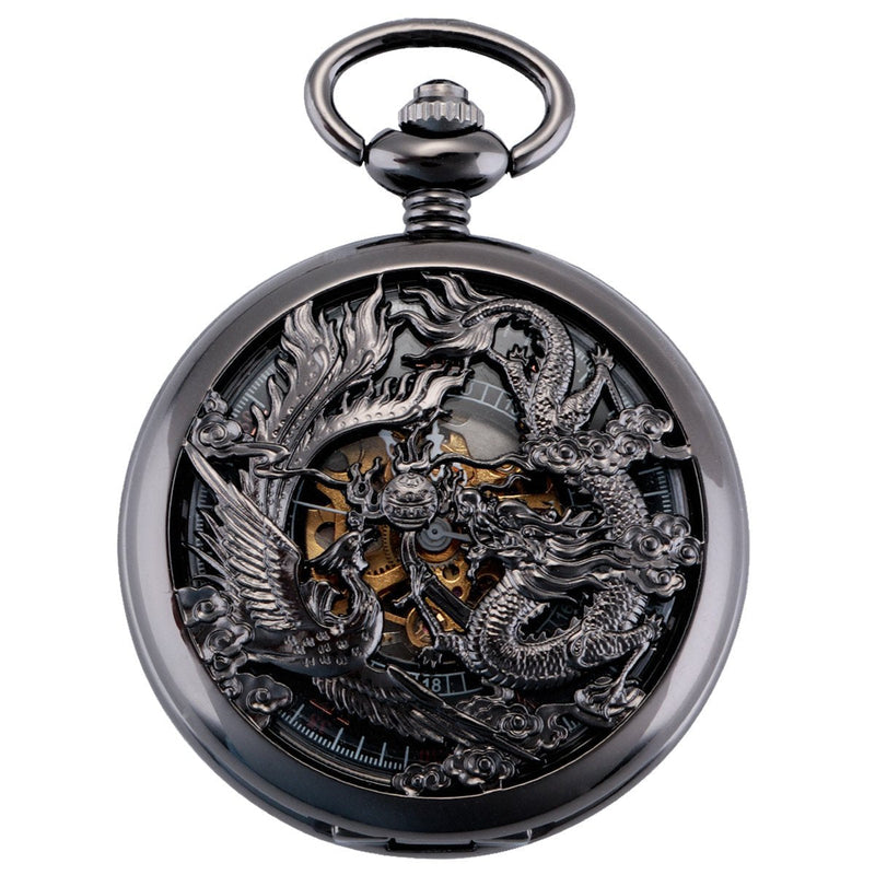 [Australia] - ManChDa Mens Antique Mechanical Pocket Watch Lucky Dragon & Phoenix Retro Skeleton Dial with Chain 1.Black 